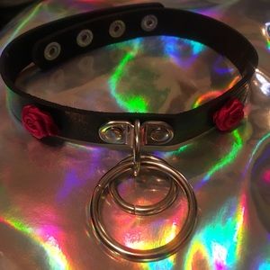 Leather double ring black gothic kawaii choker
